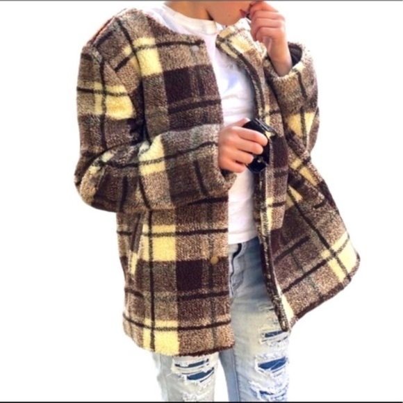 Sanctuary brown plaid teddy fleece jacket - Picture 1 of 9